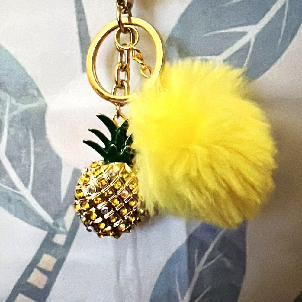 Rhinestone Pineapple with Yellow Pom Pom Purse Charm/Keychain - NEW!
